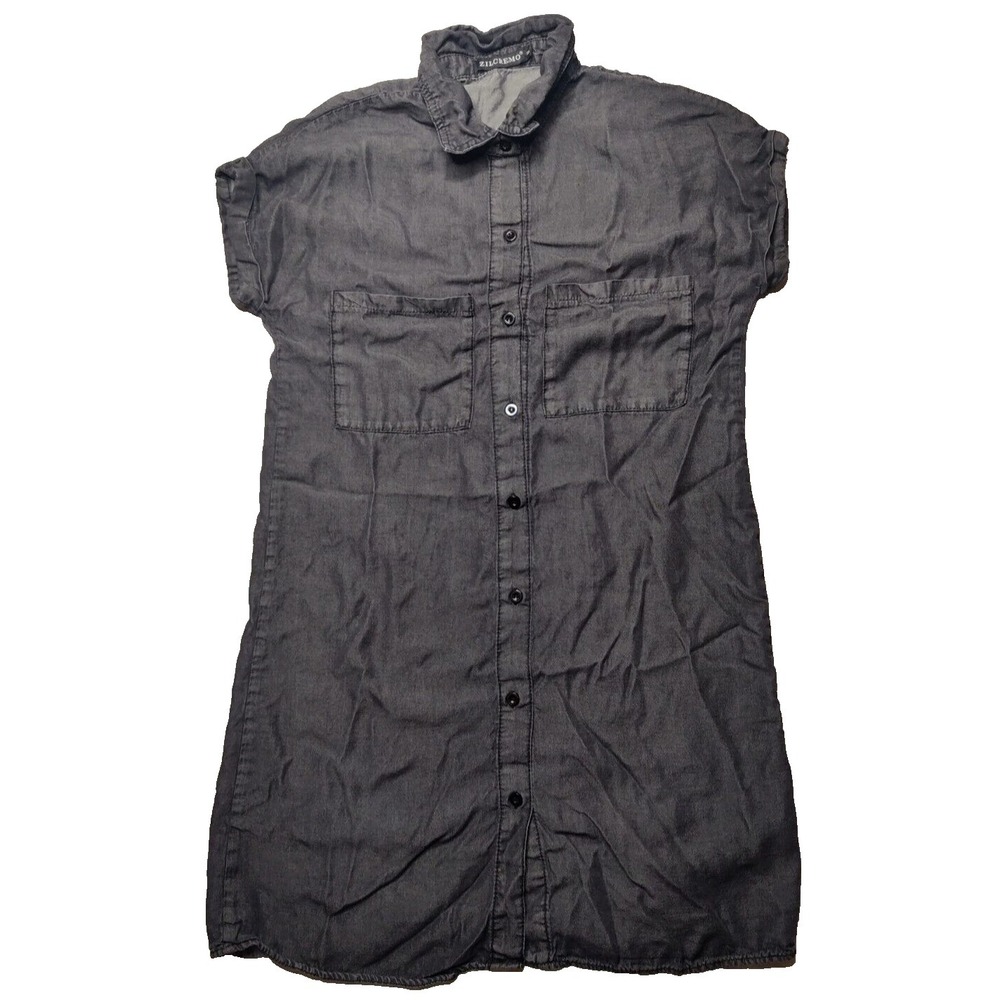 ZILCREMO Women Small Charcoal Chambray Shirt Dress